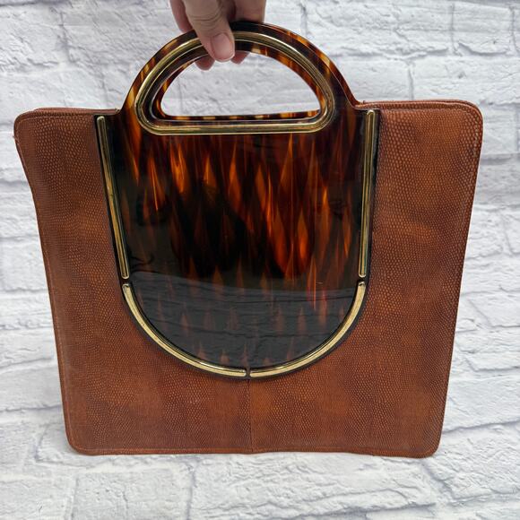 Vintage Tortise Luctite Faux Leather Handbag Brown Square Wallet  70s - Picture 1 of 4